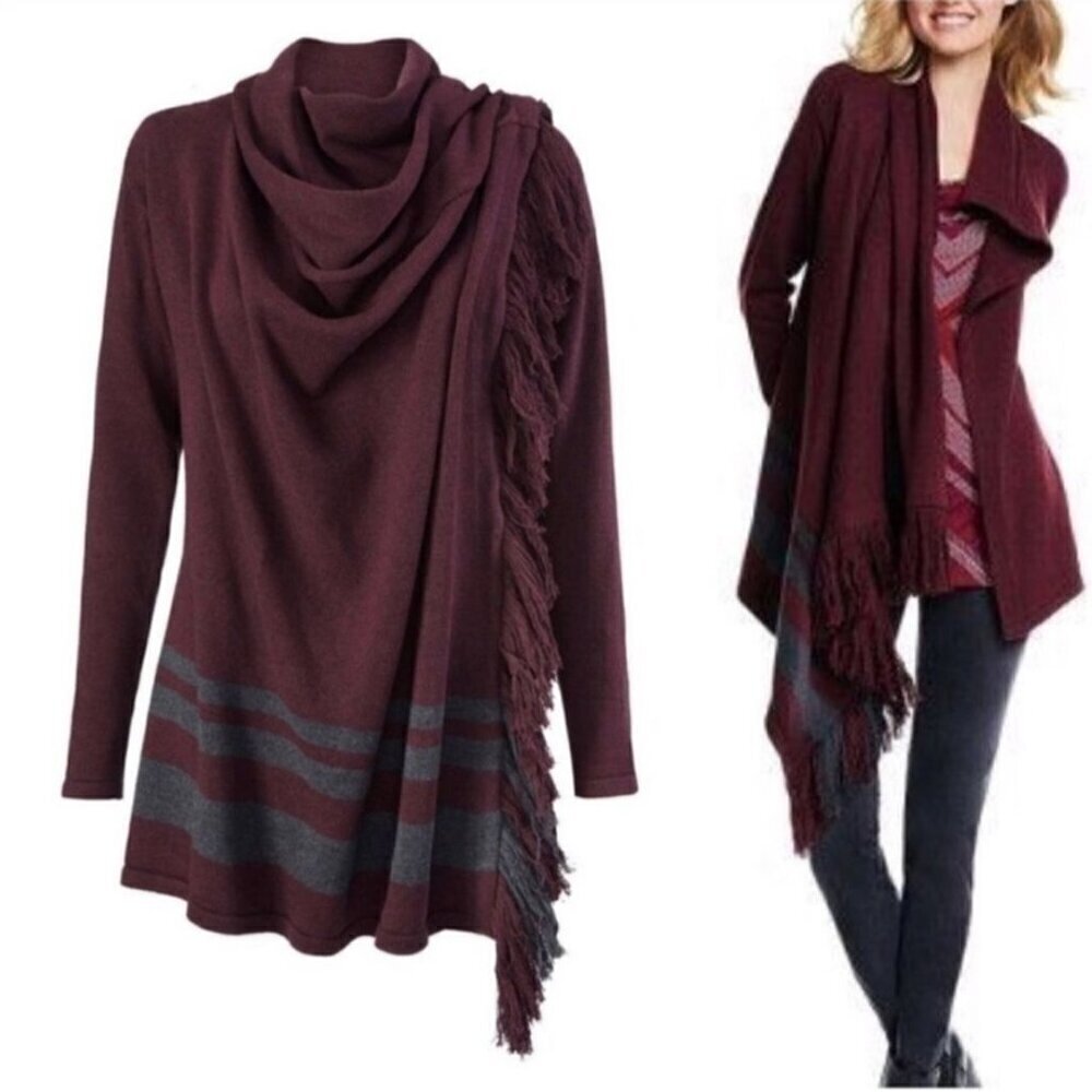 Cabi Port Fringe Cardigan Poncho Cape Wrap Size S